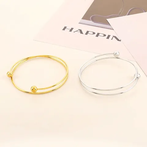 Brazalete Abierto Doble Capa Acero Inoxidable Minimalista Geométrico Bola Brazalete Joyería De Moda Para Mujeres