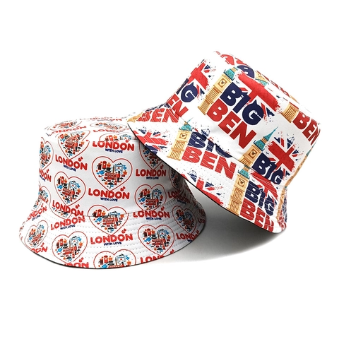 Chapeau Bob Thème Londres Polyester Réversible Protection Solaire Imprimé Cœur Big Ben Vintage Extérieur Hommes Femmes