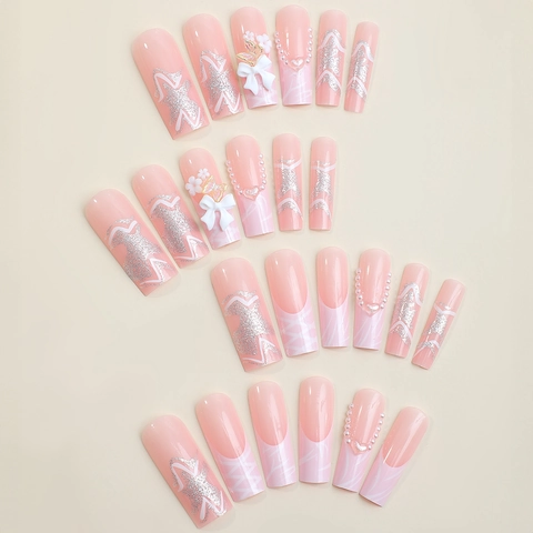 Lange Coffin Press On Nails Roze French Tip Marmer Ontwerp Met 3D Strik En Kunstparels Decoratie Zoete Elegante Kunstnagels