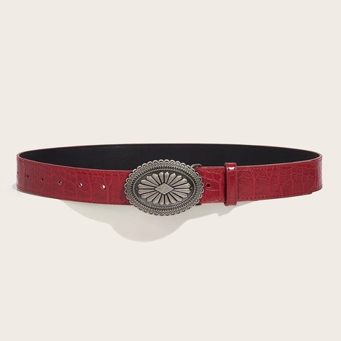 Vintage Women PU Leather Belt American Style Crocodile Pattern Oval Engraved Buckle Red Wine Red Waist Strap For Dress Suit
