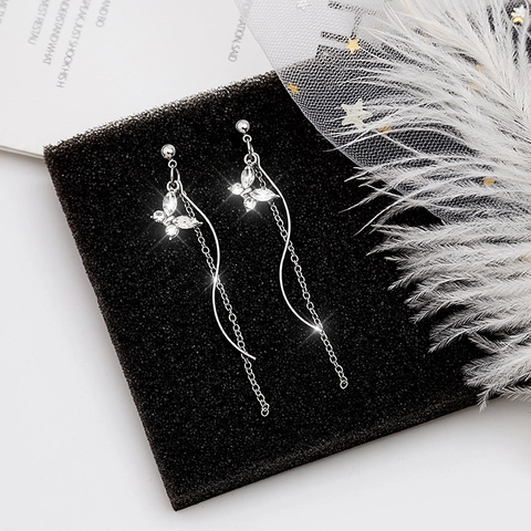 Boucles D-Oreilles Longues Pampilles Papillon Strass Avec Tige Argent Sterling 925 Chaine En S Elegante