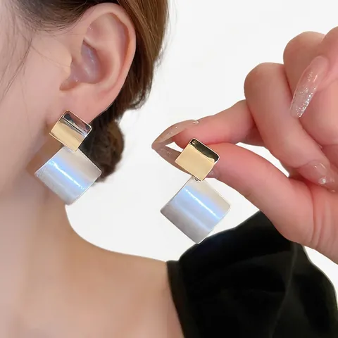 Geometric Square Drop Earrings Brushed Metal Two Tone Jewelry With 925 Sterling Silver Earring Post For Women