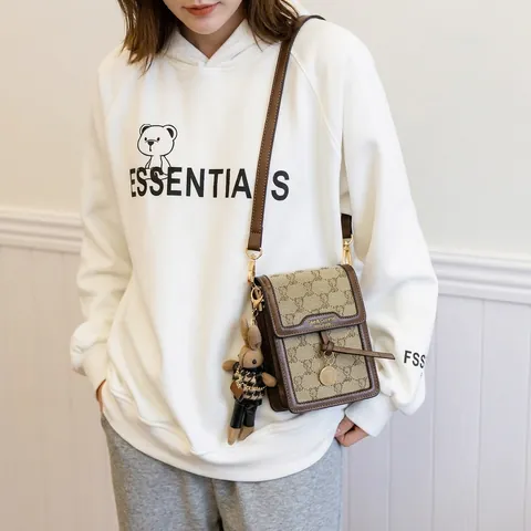 Piccola Borsa A Tracolla Per Cellulare Vintage Motivo Orso Tela Pelle PU Patta Con Ciondolo Bambola Coniglio Per Donne