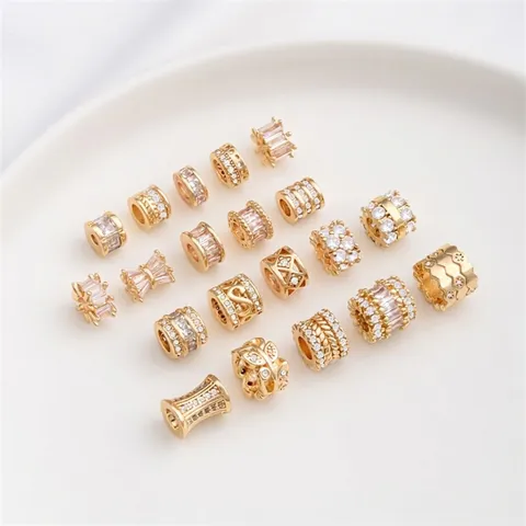 DIY Jewelry Making Connector Spacer Beads Gold Plated Copper Micro Pave Cubic Zirconia Cylinder Wheel Charms