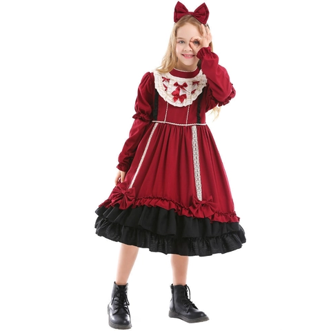 Vestito Lolita Bambina Rosso Vino Nero Patchwork Pizzo Fiocco Balze Costume Principessa Manica Lunga Completo Festa Fotografia