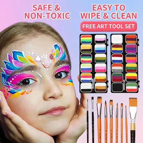 Gesicht Körper Bemalung Palette Wasserlöslich Ungiftig Make-up Set Pinsel Schablonen Party Halloween Cosplay Kinder