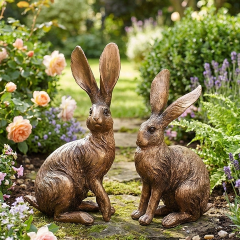 Realistic Rabbit Hare Statue Resin Garden Ornament Antique Bronze Texture Outdoor Home Decor Sculptures