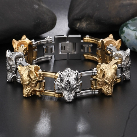 Bracelet Tête De Loup Lion Pour Hommes Acier Inoxydable Chaîne De Vélo Industrielle Lourde Punk Rock