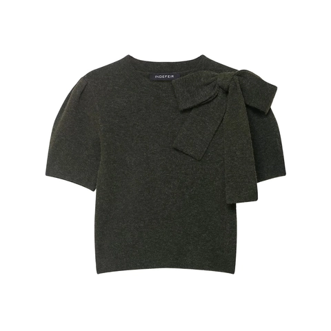 Women Short Sleeve Knitted Top Acrylic Crew Neck Elegant Large Bow Decor Pullover Solid Color Slim Crop Knit Sweater