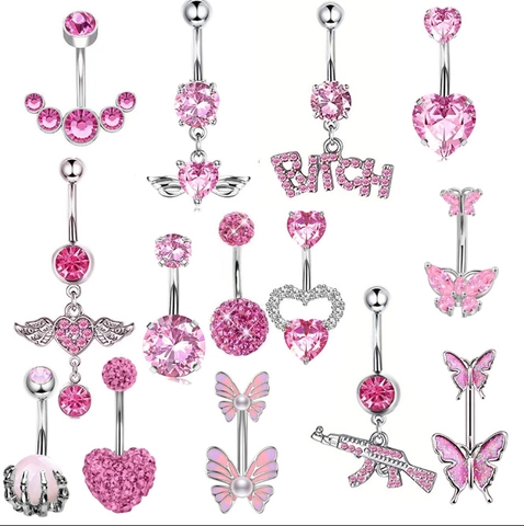 Stainless Steel Belly Ring Navel Piercing Pink Cubic Zirconia Heart Butterfly Angel Wings Fashion Body Jewelry For Women
