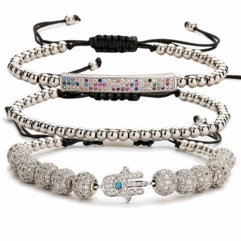 Hamsa Hand Böser Blick Kupfer Armband Mikro Pave Zirkonia Künstliche Perlenimitat Verstellbare Webkordel Für Damen Herren