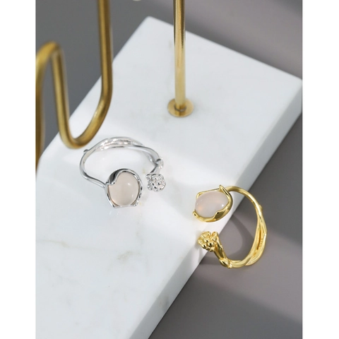 925 Sterling Silber Ring Für Frauen Unregelmäßige Rebe Textur Weißer Achat Verstellbar Offen Nischen Design Vintage Stil