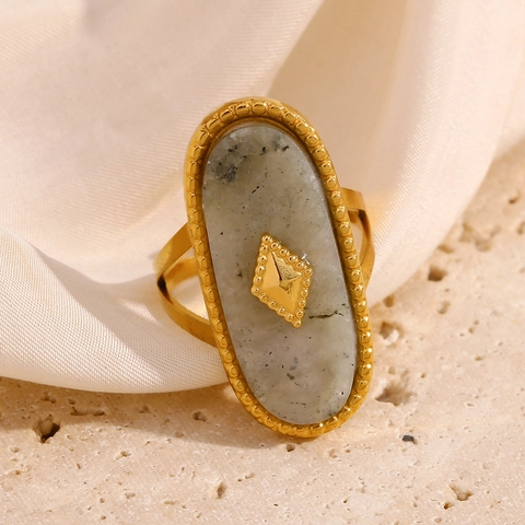 Anillo Vintage Bohemio De Piedra Natural Ovalada Acero Inoxidable Chapado En Oro 18K Borde Perlado Abierto Ajustable Mujer