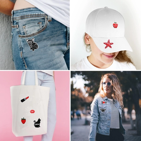 Embroidery Patches Polyester Cartoon Strawberry Cat Lipstick Heart Shapes DIY Clothing Bag Decoration Applique
