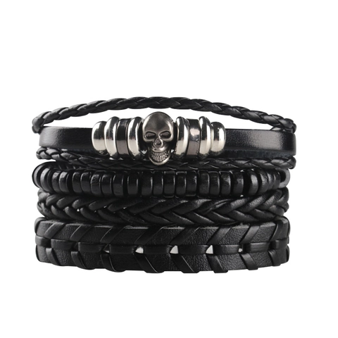 Mens Multi Layer Leather Bracelet Braided Cord With Alloy Skull Wood Beads Punk Vintage Adjustable Wrist Jewelry