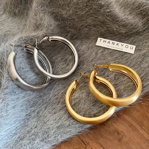 Large Hoop Earrings With 925 Sterling Silver Earring Post Minimalist Brushed Matte Round Circle Metal Jewelry Retro Women