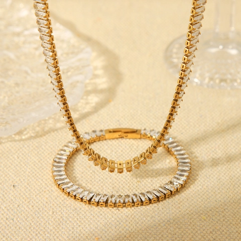 Elegante Collar Y Pulsera De Circonita Cuadrada Joyería De Acero Inoxidable Chapado En Oro Para Mujer Accesorio Moda