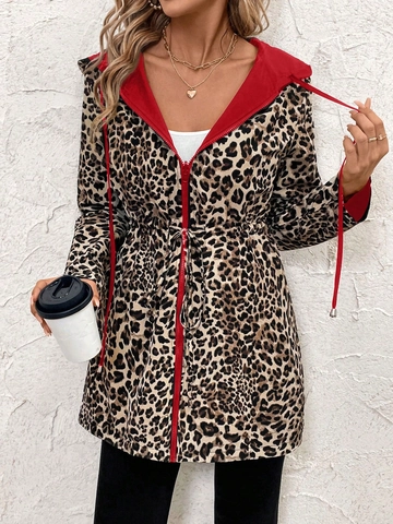 Women Mid-Length Hooded Jacket Polyester Windproof Zipper Drawstring Waist Leopard Print Casual Outerwear Long Sleeves