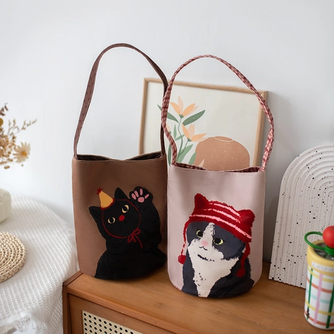 Women Bucket Bag Polyester Cloth Handheld Underarm Bag With Plaid Strap Cartoon Cat Pattern Versatile Casual