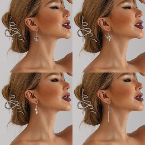Vintage Punk Western Cowboy Alloy Rhinestone Drop Earrings For Women Cactus Cowboy Boot Bull Head Design Fashion Jewelry