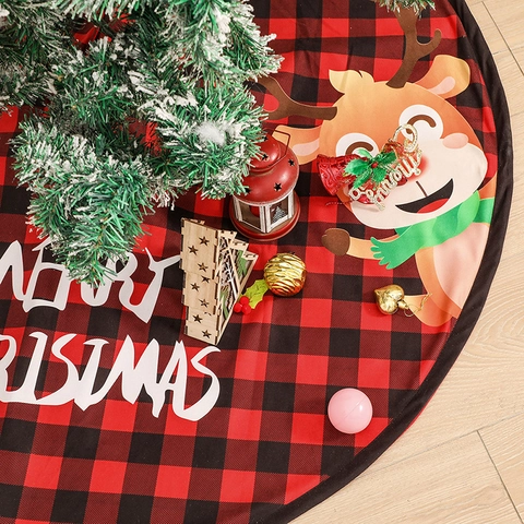 Jupe De Sapin De Noël À Carreaux Buffalo Tissu Souple Père Noël Renne Imprimé Tapis De Base Rond Décor De Fête