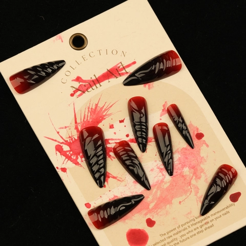 Uñas Press On Halloween Stiletto Extra Largas 3D Swirl Mármol Degradado Negro Rojo Uñas Postizas Punk Gótico