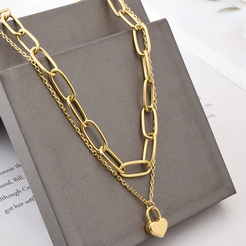 Titanium Steel Double Layered Necklace Gold Plated Heart Lock Pendant Paperclip Chain Hip Hop Fashion Jewelry For Women