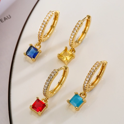 Eleganti Orecchini A Cerchio In Rame Placcato Oro Con Zirconia E Pendenti Quadrati In Pietra Preziosa Colorata Da Donna