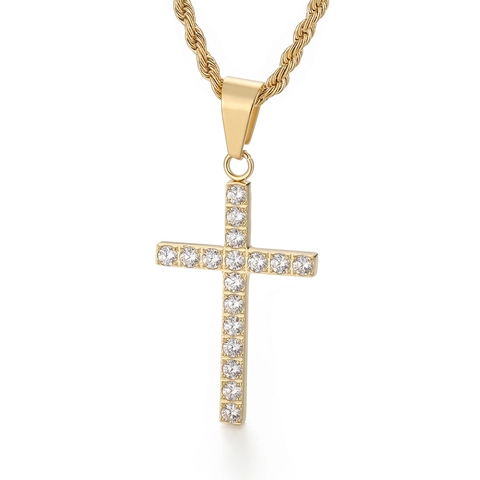 Hip Hop Kruis Hanger Ketting Van Roestvrij Staal Met Strass Steentjes En Touwketting