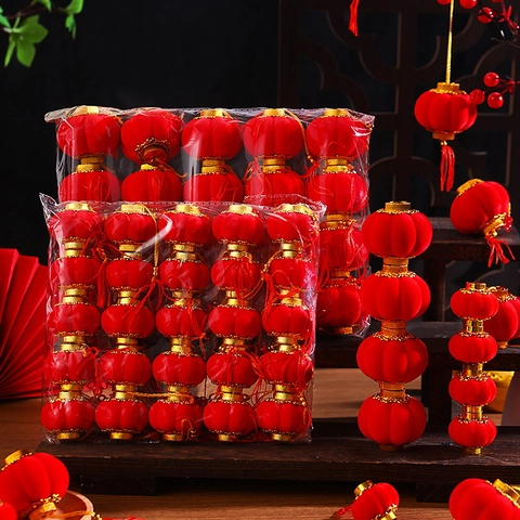 Mini Lanterne Rosse Cinesi Tessuto Floccato Bordo Dorato Ornamento Appeso Per Il Capodanno Cinese Festival Di Primavera