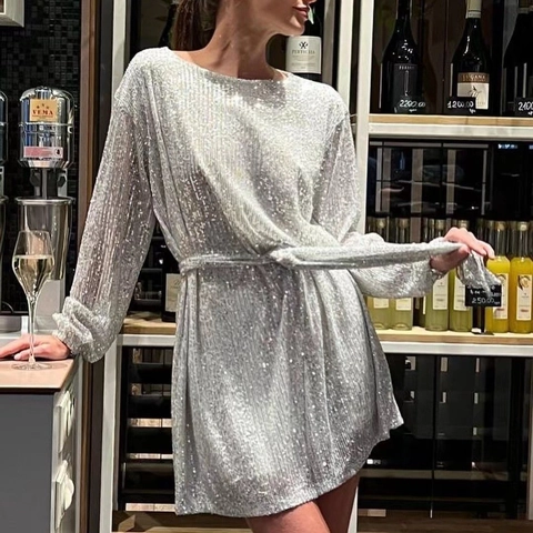 Women Fashion Sequin Long Sleeve Dress Elegant Waist Cinching Mini Party Dress Shiny Sparkle Evening Cocktail Dress