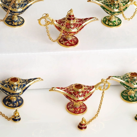 Aladdin Lamp Wishing Pot Vintage Zinc Alloy Enamel Carved Metal Decorative Desktop Ornament Home Decor