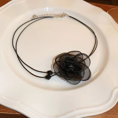 Collar Choker De Doble Capa Con Flor De Malla Negra Y Cuentas De Cristal Para Mujer Estilo Gótico Oscuro Elegante