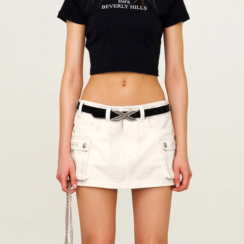 Women Cargo Mini Skirt Cotton Denim Low Waist Chic Streetwear Bodycon Short Skirt With Large Pockets