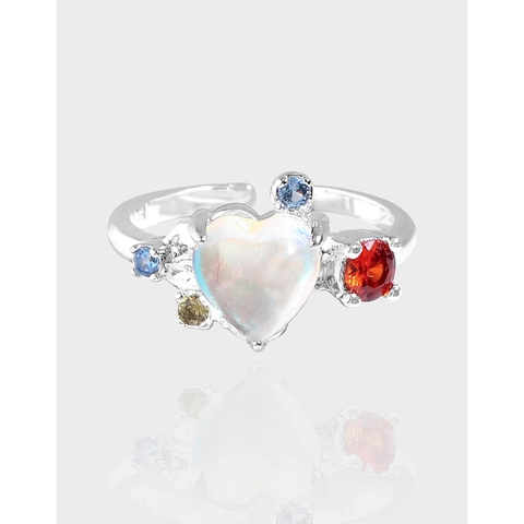 S925 Sterling Silver Heart Moonstone Zirconia Adjustable Open Ring Korean INS Multicolored Gemstone Jewelry For Women