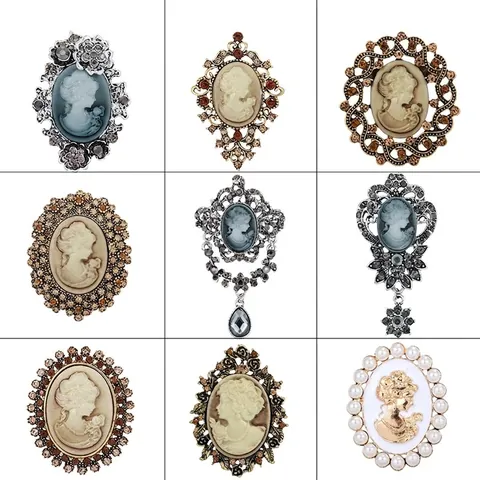 Vintage Victorian Cameo Brooch Pin For Women Alloy Rhinestone Relief Portrait Antique Style Jewelry Accessory