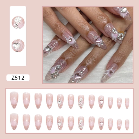 Pinker Verlauf Kunstnägel Zum Aufkleben Mit Herz Strass 3D Charms Glänzend Lange Mandelform Künstliche Nägel Für Damen
