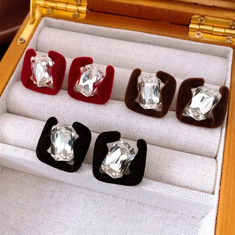French Retro Square Stud Earrings With 925 Sterling Silver Earring Post Flocking Frame And Transparent Crystal