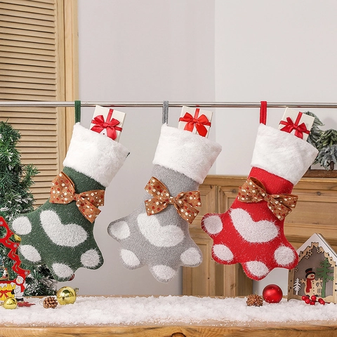 Weihnachtsstrümpfe Gestrickt Plüsch Hundepfote Form Weihnachtsbaum Dekor Geschenktüte Schleife Festlich