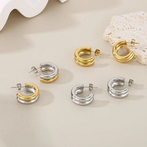Boucles D'oreilles Créoles C En Acier Inoxydable 316L Épaisses Nervurées Vintage Minimaliste Bijoux Femmes
