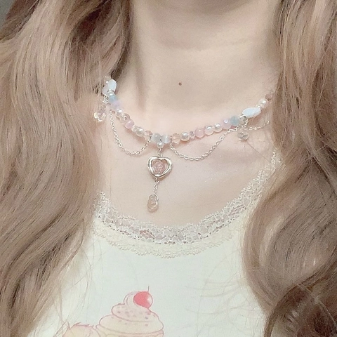 Sweet Fairy Style Beaded Necklace Alloy Imitation Artificial Pearl Heart Star Bowknot Pendant Choker Jewelry For Women Girls