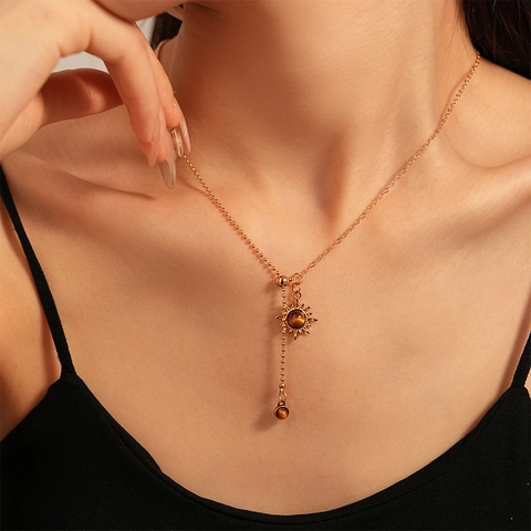 Collana A Y Con Pendente Sole E Occhio Di Tigre Artificiale Rame Catena A Sfere Regolabile Gioielli Retro Per Donna