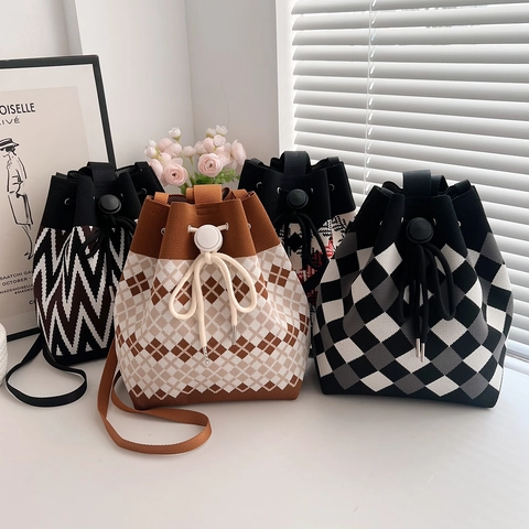 Borsa A Secchiello In Maglia Da Donna Motivo Geometrico Coulisse Grande Capacità Borsa A Mano Casual