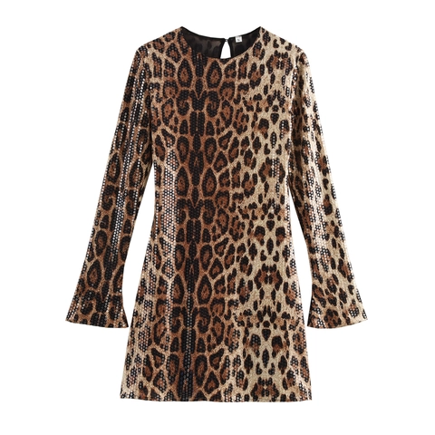 Damen Leopard Pailletten Mini Kleid Rundhals Rückenlos Langarm Sexy Slim Fit Party Clubwear