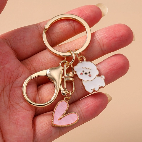 Cute Zinc Alloy Cartoon Lamb Cat Keychain Heart Animal Key Ring Enamel Pendant Gold Artificial Pearl Keychain Women Backpack Accessories Gift