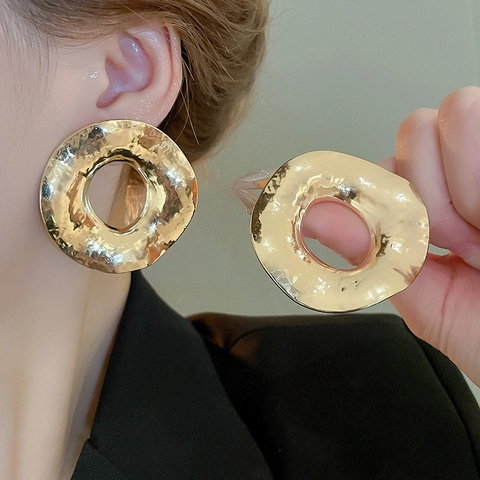 Round Hoop Earrings Hammered Alloy With Silver Earring Post Exaggerated Geometric Liquid Metal Style For Women