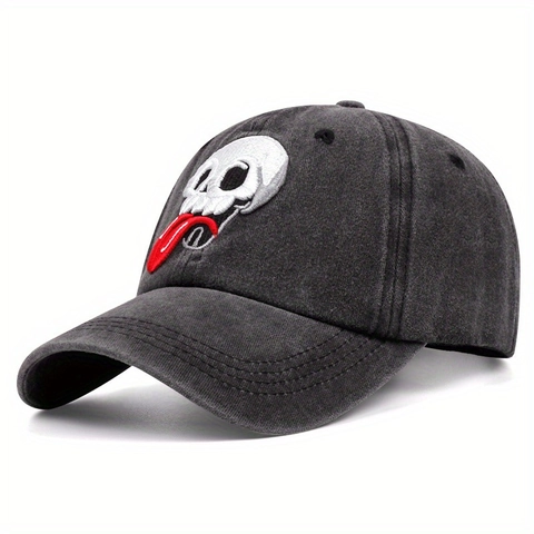 Washed Cotton Baseball Cap Retro Skelett Stickerei Rote Zunge Verstellbare Vintage Sonnenhut Für Damen Herren