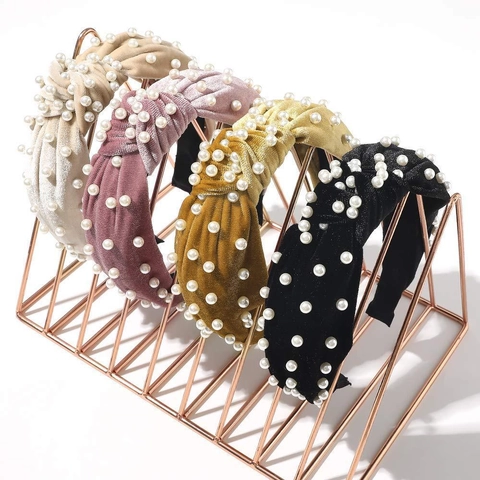 Vintage Knotted Velvet Headband With Faux Artificial Pearl Beaded Wide Brim Elegant Solid Color Hair Accessory For Women