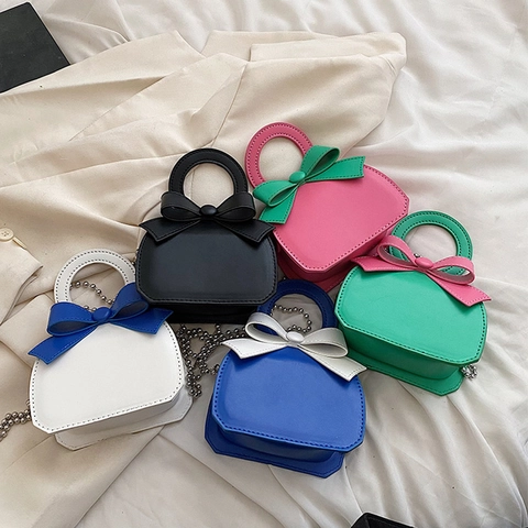 Cute Bowknot Mini Crossbody Bag PU Leather Contrast Color Trendy Handbag For Girls Women Small Lipstick Chain Purse