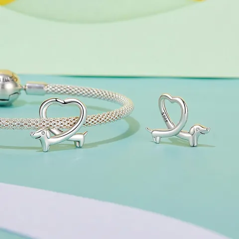 Dachshund Dog Heart Charm 925 Sterling Silver Bead Oxidized Zircon DIY Jewelry Accessory For Bracelet